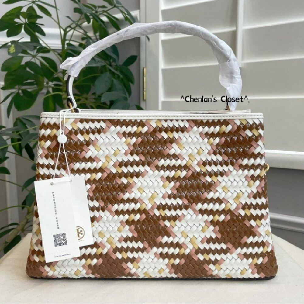 Tory Burch Britten Woven Satchel in Brown and Cream - Picture 6 of 15